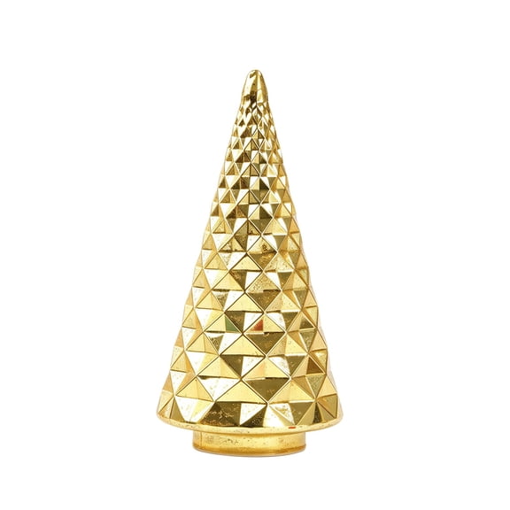 Gold Mercury Glass Lighted Christmas Tree, Gold Finish LED Tabletop Tree Figurines, Battery Operated Lighted Xmas Trees, Table Centerpiece for Mantel, Tiered Tray, Fireplace Shelf Home Decor