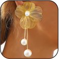 thumbnail image 1 of arete de flores de oro para mujer, arete de perlas de flores grandes, arete de doble flor, arete de declaración de flores doradas, joyas para bodas y mujeres, 1 of 5
