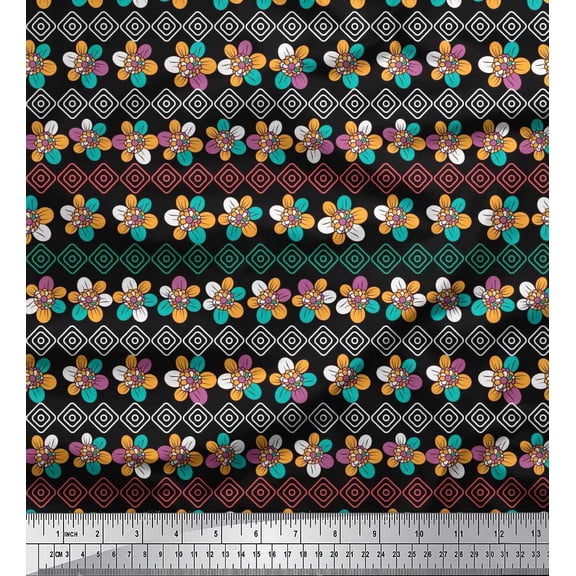 Soimoi Cotton Duck Fabric Diamond Shape & Floral Artistic Print Fabric by The Yard 42 Inch Wide