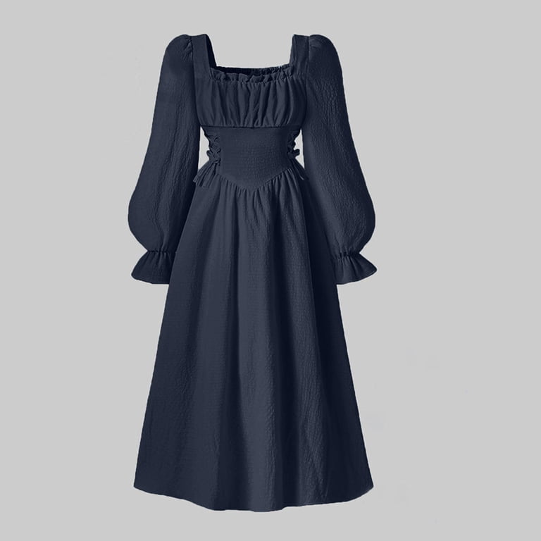 cinch wasit long sleeve midi dress YUANxueke Girls Long Sleeve Dress Square Neck Flowy A-Line Midi Dress Cinch Waist French Vintage Elegant Dress for 8-15 Years