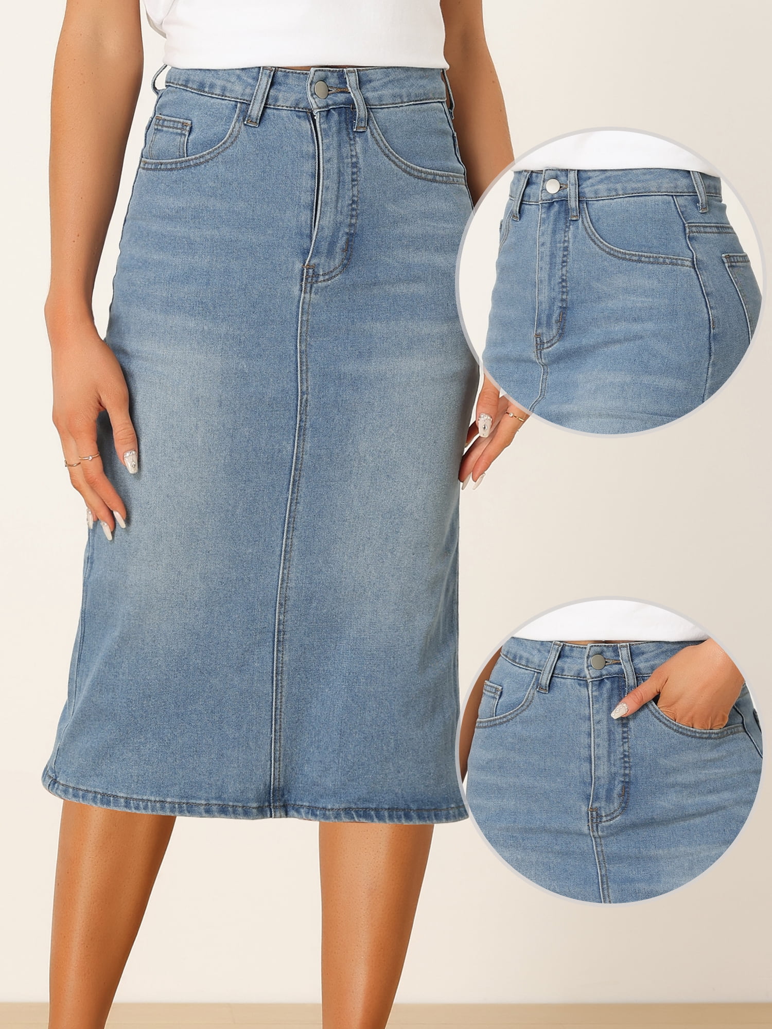 DARING DIVA Women's Zipped and Button Denim Split Back Pockets Midi Jean Skirts L Light Blue