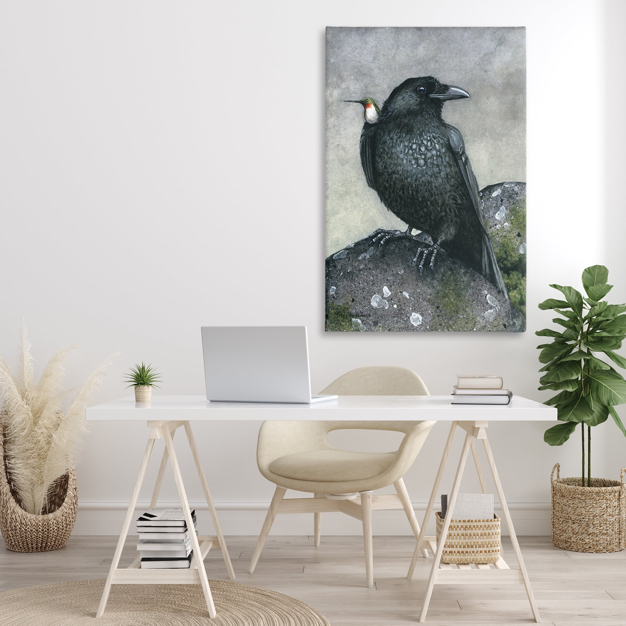 Stupell Industries Crow & Hummingbird Perched Animals & Insects Painting Gallery Wrapped Canvas Art Print Wall Art, 30 x 45
