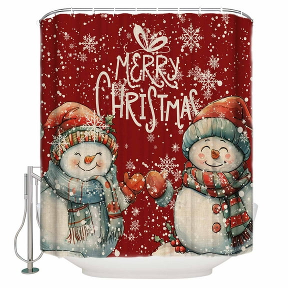 Extra Long Shower Curtain 72x84 Inch, Red Christmas Shower Curtain Waterproof Bathroom Decor Xmas Snowman Snowflake Vintage Fabric Bath Curtain Set Accessories with Hooks