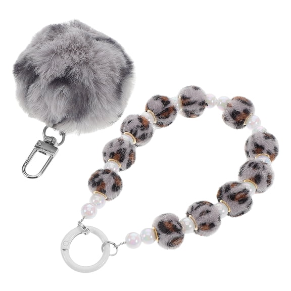 unbranded Fluffy Pom Pom Keychain Leopard Beaded Keychain Wristlet Key Ring Bracelet Cute Car Key Chain Holder For Women Girls Bag Accessories
