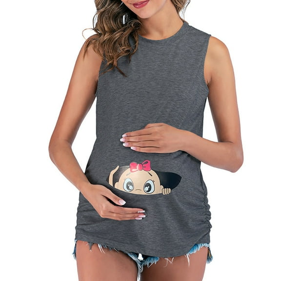 BLTIBY Breastfeeding Shirts for Women Clearance Sales Maternity Womens Nursing Round Neck Sleeveless Printed Fashion Blouse Dark Gray XXL