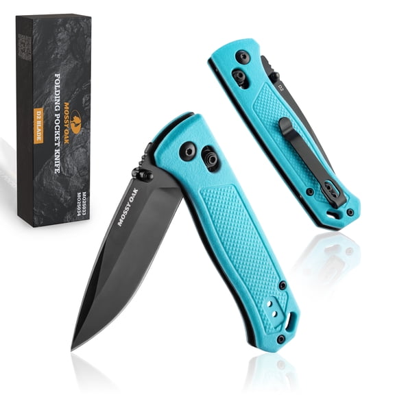 MOSSY OAK Folding Pocket Knife, 3" D2 Steel Blade, Crossbar Lock, Lightweight EDC Knife with Pocket Clip, Nylon Handle, Camping & Hiking, Light Blue