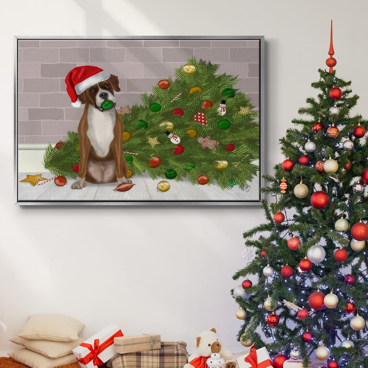 Christmas Boxer and Broken Christmas Tree - Framed Gallery Wrapped Holiday Canvas - 17 x 25 - Silver Frame