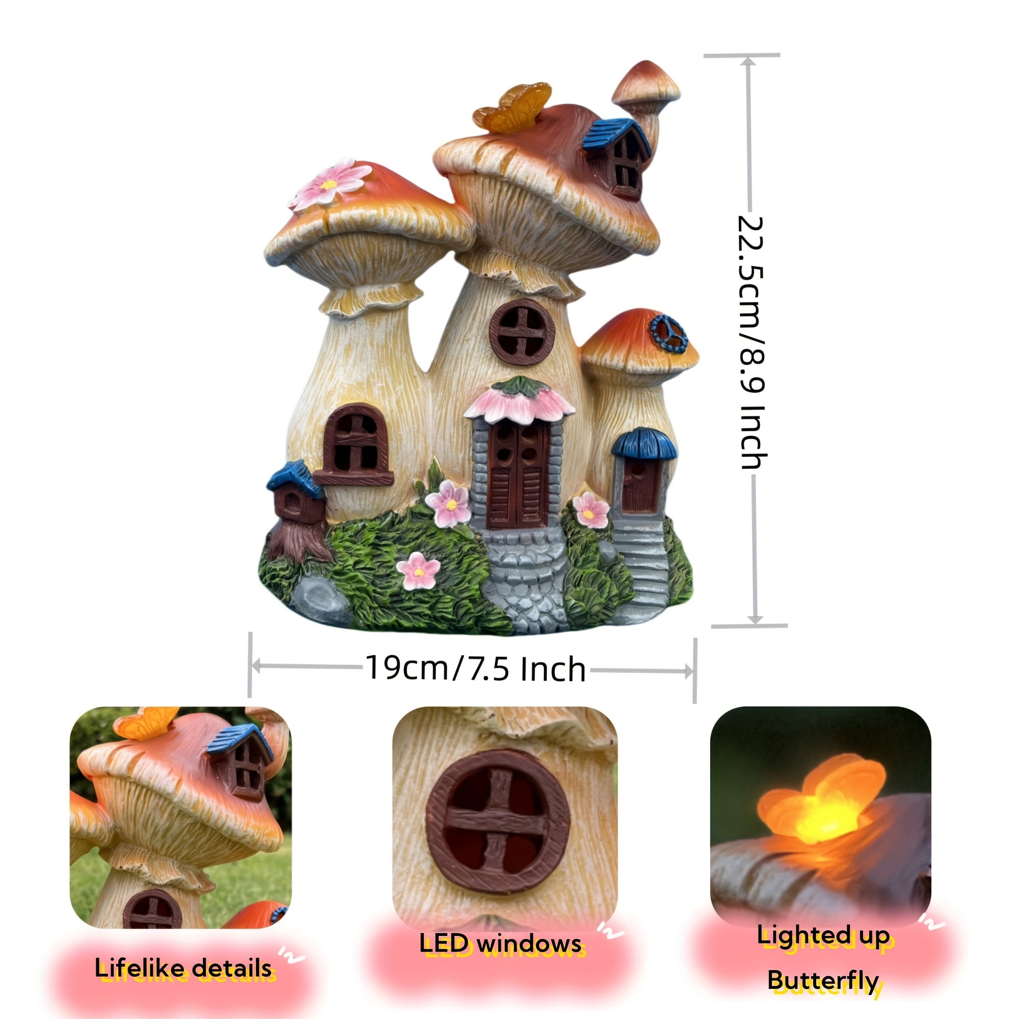 Outdoor Garden Statue Decor, Solar Mushroom House Sculptures with Glowing Butterfly