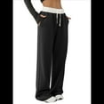 thumbnail image 1 of Pantalones Deportivos Anchos con Cintura de Contraste de Color y Hebilla de Cordón para Mujer. Negro L, 1 of 8