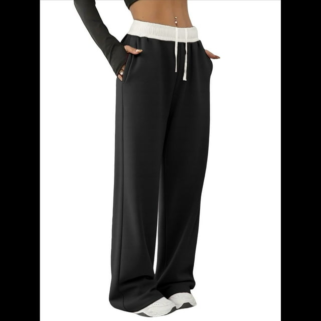 Pantalones Deportivos Anchos con Cintura de Contraste de Color y Hebilla de Cordón para Mujer. Negro L