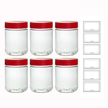Nug Jar - 12 oz Empty Peanut Butter, Nut Butter Spread Container Jars with Red Ribbed Foil Lined Lids - (6 pack) + Labels