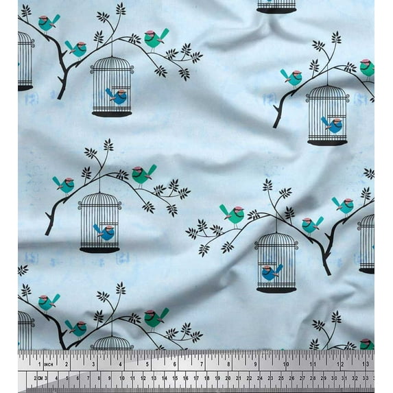Soimoi Cotton Duck Fabric Branches,Cage & Bird Printed Craft Fabric by the Yard 42 Inch Wide