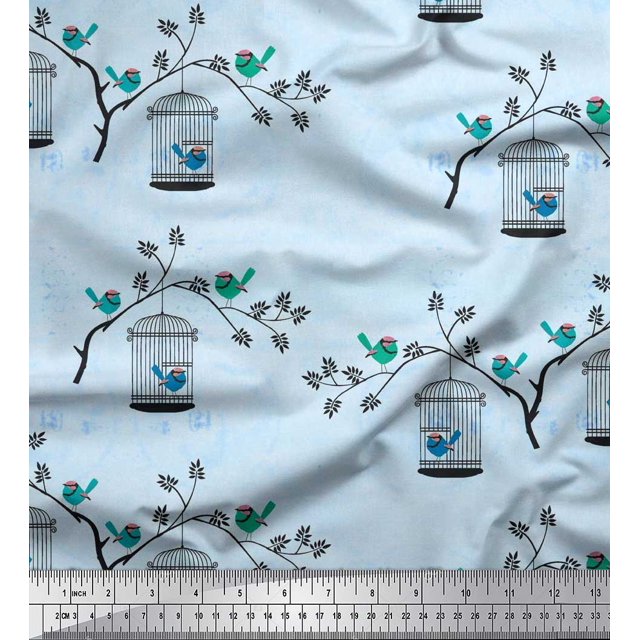 Soimoi Georgette Viscose Fabric Branches,Cage & Bird Decor Fabric Printed Yard 42 Inch Wide