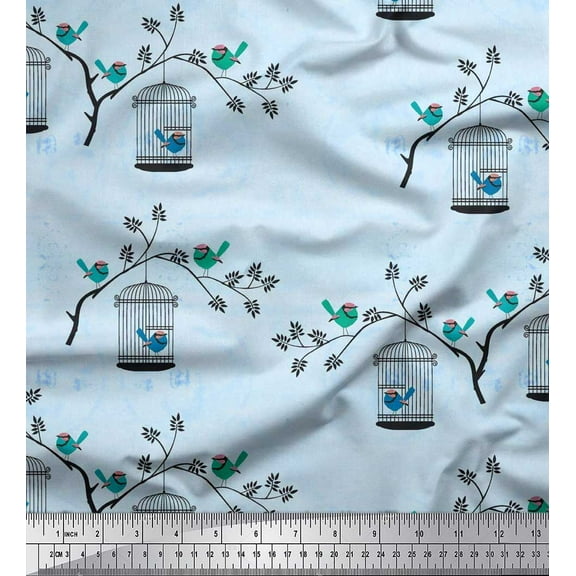 Soimoi Cotton Duck Fabric Branches,Cage & Bird Printed Craft Fabric by the Yard 42 Inch Wide