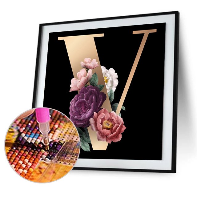 Cuadros Decorativos 5D Likrtyny pintura diamante flor letra V completo redondo Taladro DIY mosaico arte 30 X 30 cm