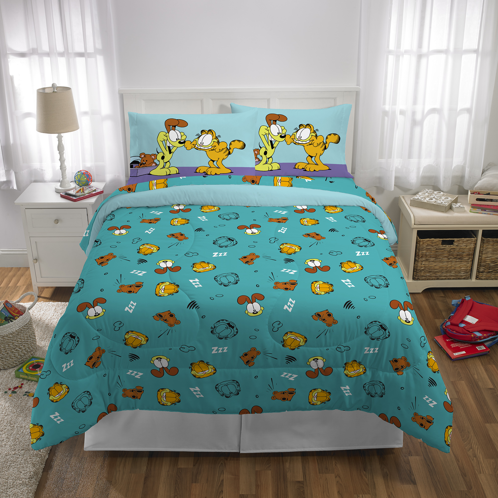 Garfield Kids 5 Piece Teal Blue Orange Reversible Comforter, Bed in a Bag, Full