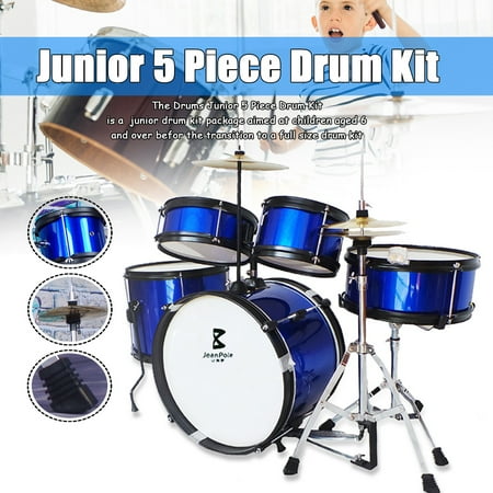 On Clearance 5-Piece Junior Professional Drum Set Drum Kit Bass Drum + Floor Tom + Snare Drum + Tom Tom + Stand Set for Beginner Children Kids Drummer Black Blue (Best Professional Drum Kits)