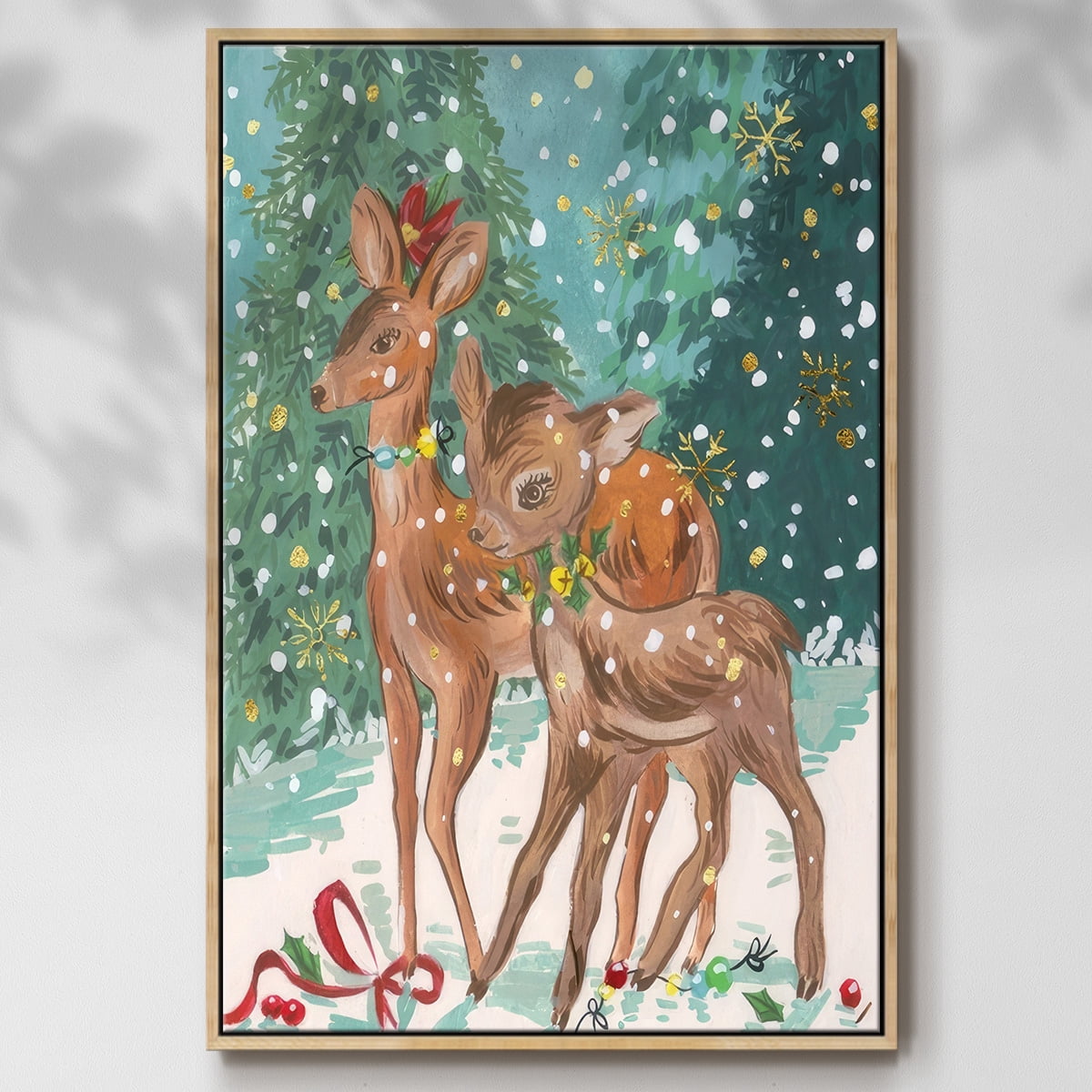Doe and Fawn I - Framed Gallery Wrapped Holiday Canvas - 25 x 37 - Natural Wood Frame