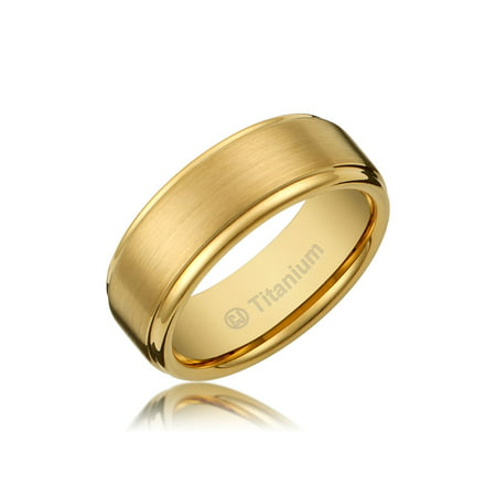 Mens Wedding Band in Titanium 8MM Ring Gold-Plated Brushed Top and Polished Finish Edges