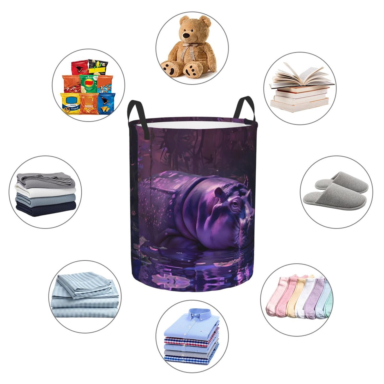 Large Laundry Basket with Handles - Purple Hippo In Water Kids Baby Dirty Clothes Laundry Hamper for Bedroom Aesthetic