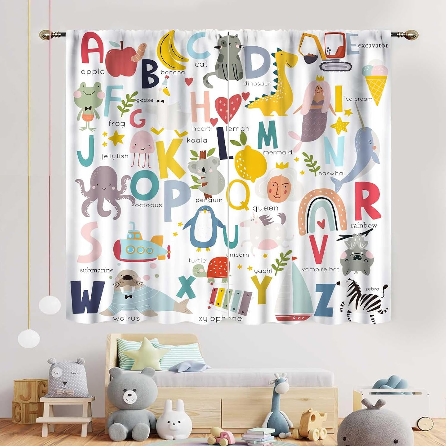 ABC Alphabet Classroom Curtains, Kids Cartoon Animal Educational Learning Cute Colorful Window Drapery Treatments for Baby Girls Boys Bedroom Living Room Shelves Nursery 2 Panels Set, 52"x63" Inch