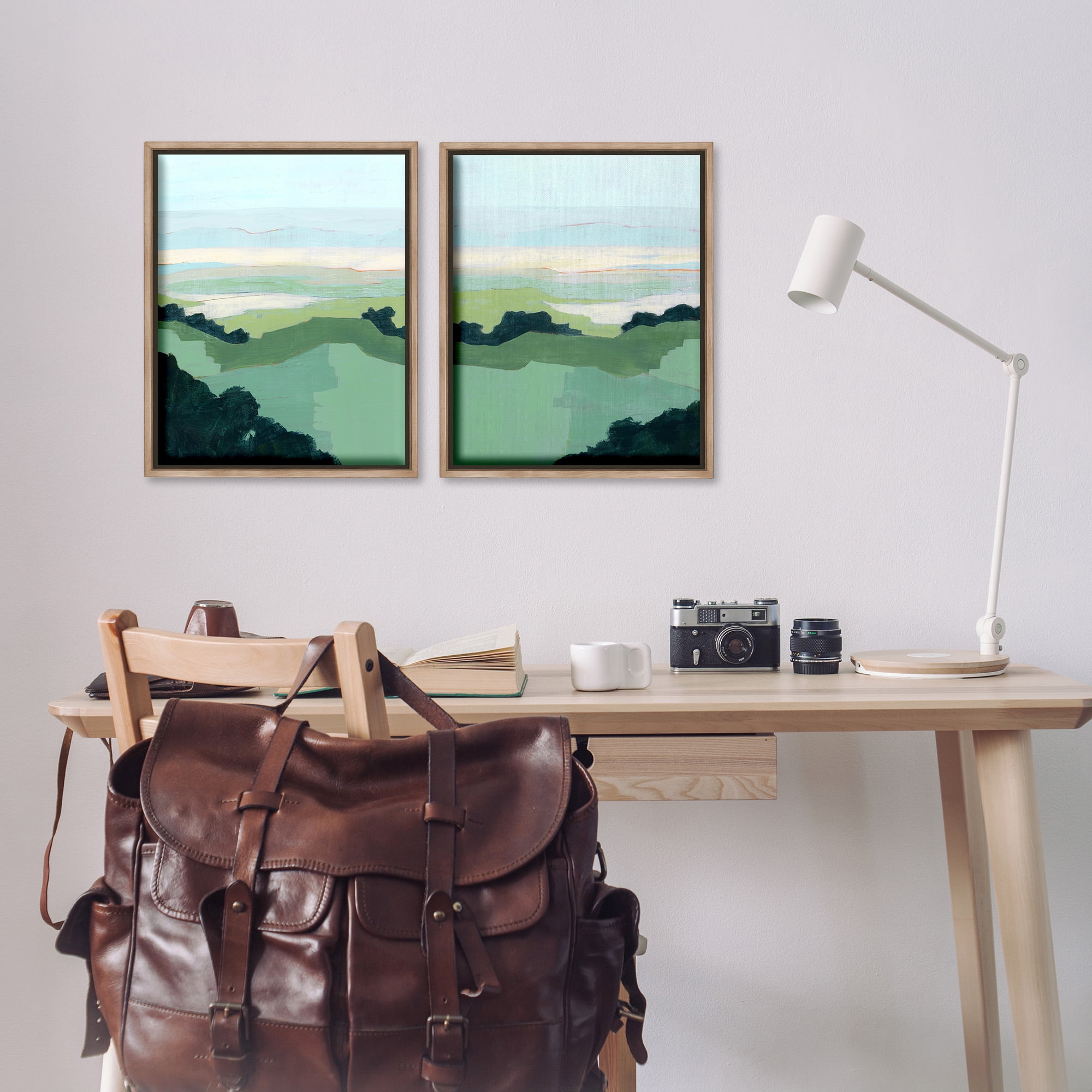 Stupell Industries Hill Side Nautical Landscape Abstract Landscape Painting Brown Floater Framed Canvas Art Print Wall Art, 17 x 21, Set of 2