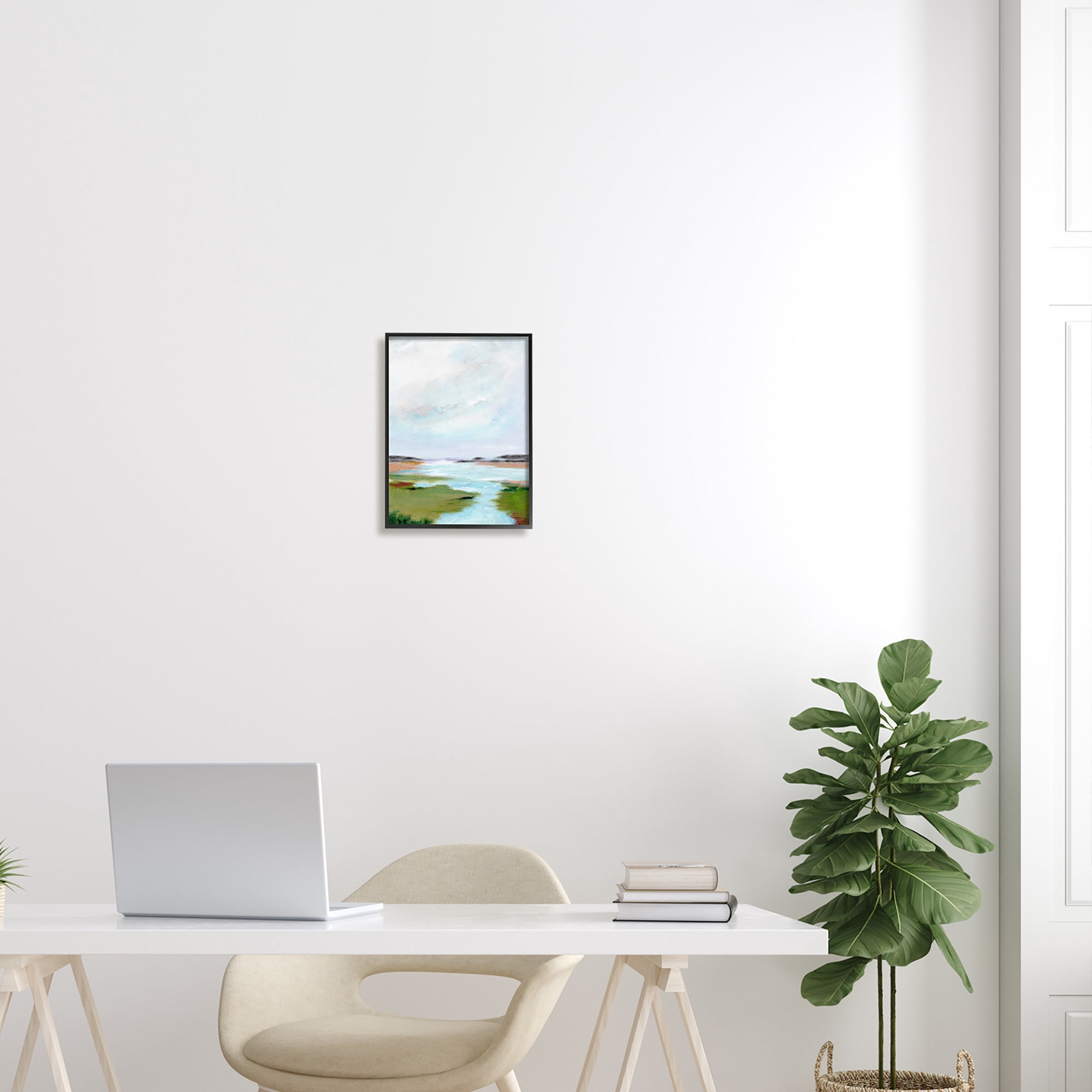 Stupell Industries Tranquil River Soft Dreamy Clouds Painting Black Framed Art Print Wall Art, Design by Nikita Jariwala