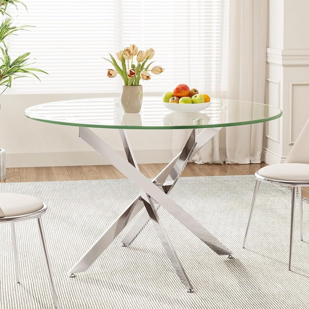Mesa de comedor redonda universal de vidrio templado con patas cromadas, mesa de cocina pequeña moderna de 90 cm, mesa de comedor de cocina,Transparente/Dorado