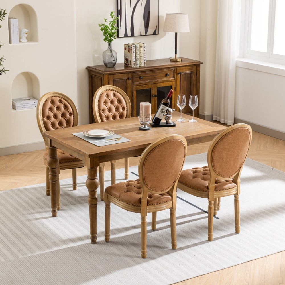 French Style Dining Chairs Set of 2, Solid Wood Upholstered Side Chairs with Tufted PU Leather, Nailhead Trim, Oval Back, Orange
