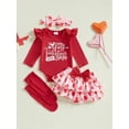 thumbnail image 4 of BemeyourBBs Newborn Baby Girl My First Valentines Day Outfit Long Sleeve Letters Heart Printed Romper with Ruffle Skort Skirt Set Headband and Stockings 4Pcs Spring Clothes, 4 of 9