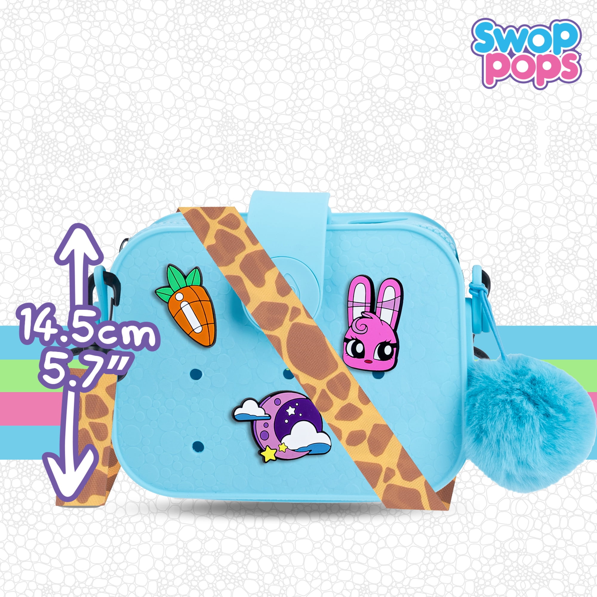 Swop Pop Ultimate Coin Purse Set - Kids Fashion Purse with Changeable Pops, Badges, Strap, Fluffy Pompom - Mix & Match Dress Up Bag for Girls with Interactive Pop Sound, Kid's Birthday Gift 6+ (Blue)
