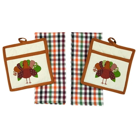 Serafina Home Fall Thanksgiving Kitchen Gift Set: Two Hand Towels and Two Matching Pot Holders Country Patchwork Turkey Design