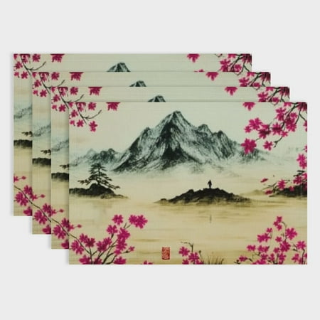 

SHERONV Blossom Placemats Set of Retro Spring Landscape Mountain Plum Floral Tabletop Decor Cover for Holiday Dining Room Party 18x12in