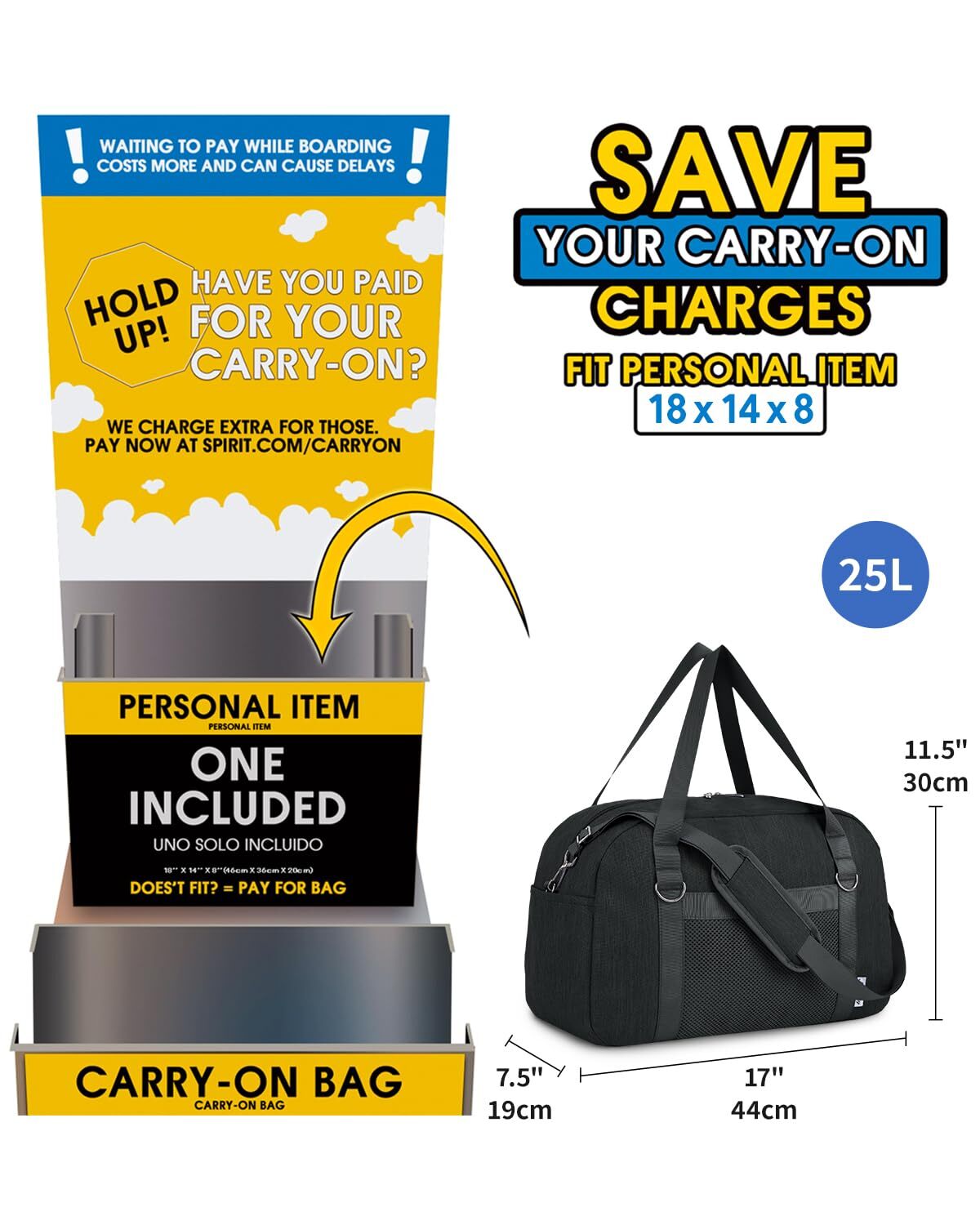 Underseat Bag Weekender Travel Duffel Tote with Adjustable Shoulder Straps for Spirit Airlines Personal Item Bag 18x14x8 for Gym Overnight, Black