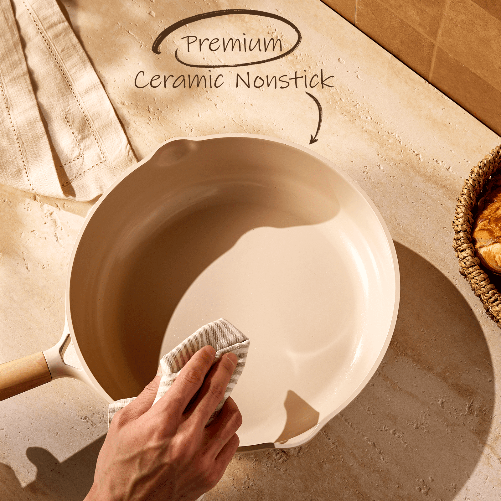 Carote 5QT Ceramic Non Stick Frying Pan Skillet with Lid, Jumbo Cooker with Induction 11inch Large Deep Frying Pan, Non-Toxic Sauté Pan,Taupe