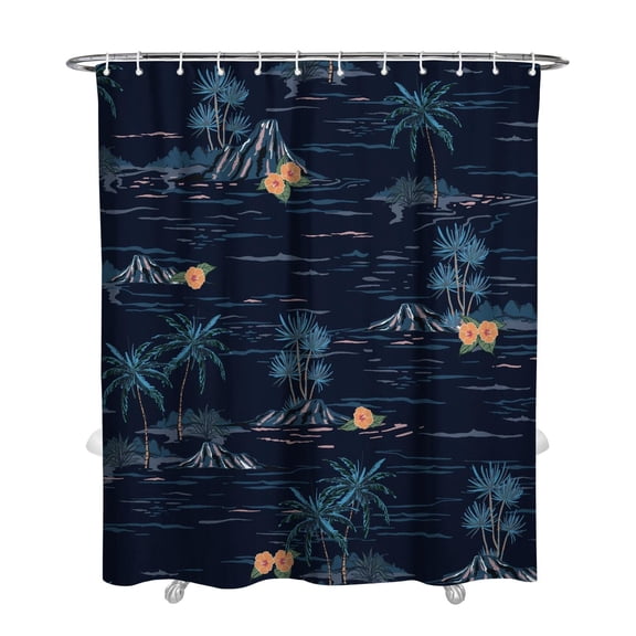 Beach Vacation Shower Curtain, Aloha Hawaiian Paradise with Tropical Palm Tree and Nautical Coastal Scene, Waterproof Boho Fabric with Hooks, Great for Summer Bathroom Decor