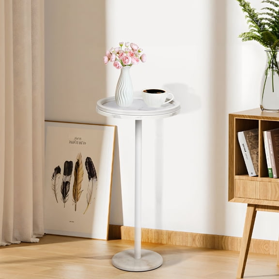 Small Drink Table Set of 2, Round Side Tables with Marble Base & Anti‑Fall Guard for Living Room, Bedroom – White