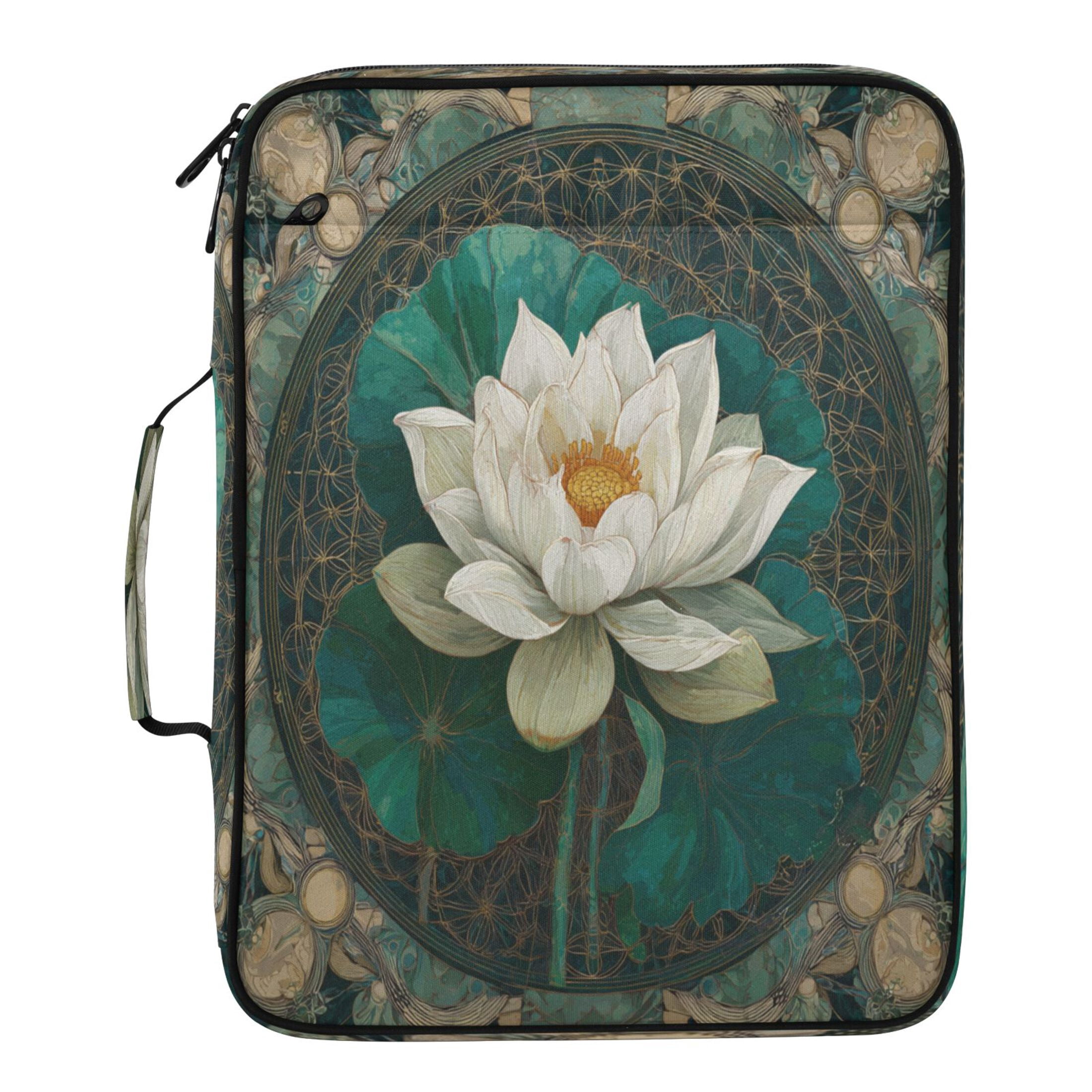 3 Ring Zipper Binder with Accordion File Organizer Waterproof Back to College Binder - 7 Layer Document Organizer for Study Home Office College Travel Supplies Artistic White Lotus