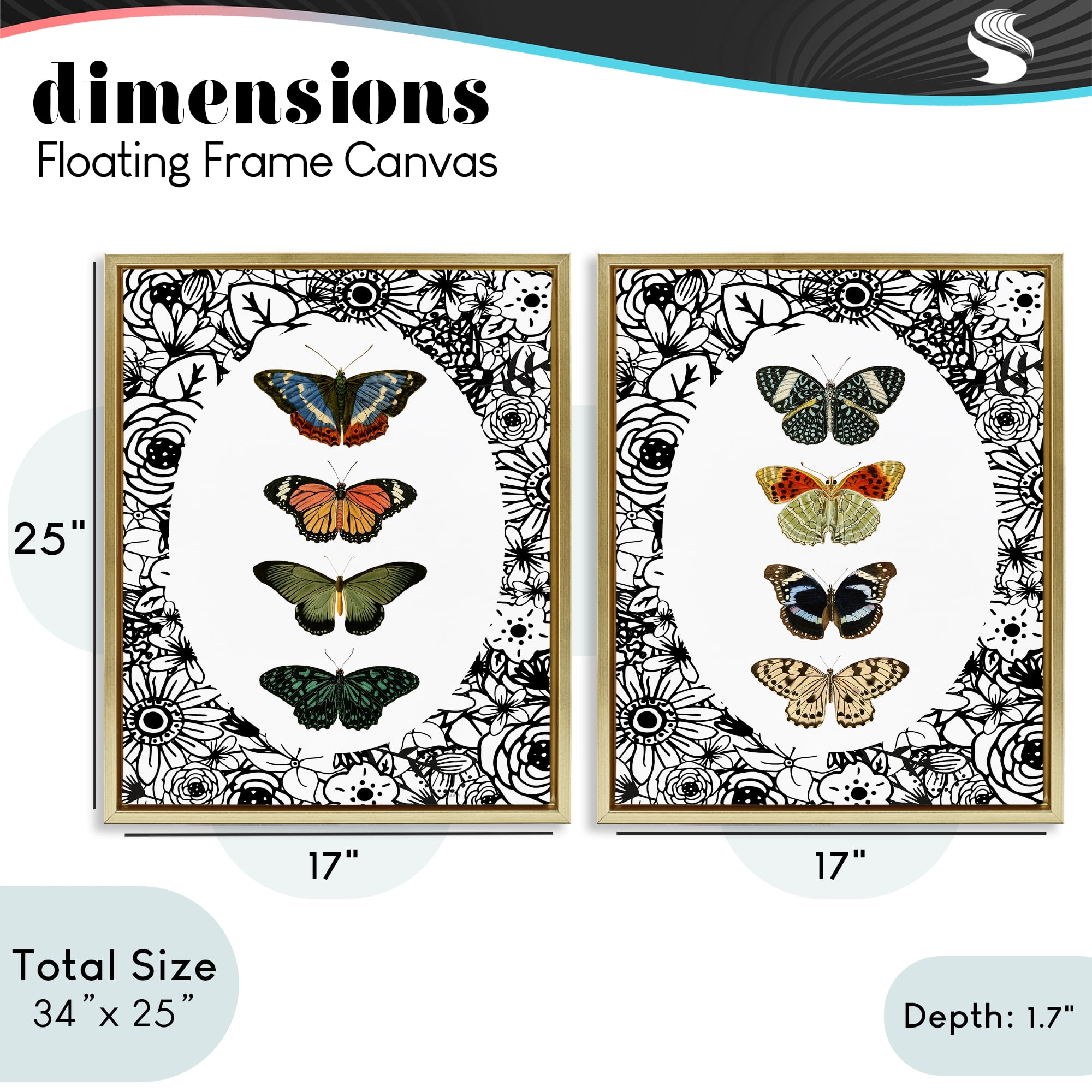 Stupell Industries Floral Butterflies Lineup 2 Piece Gold Framed Floater Canvas Set, design by Dan Meneely