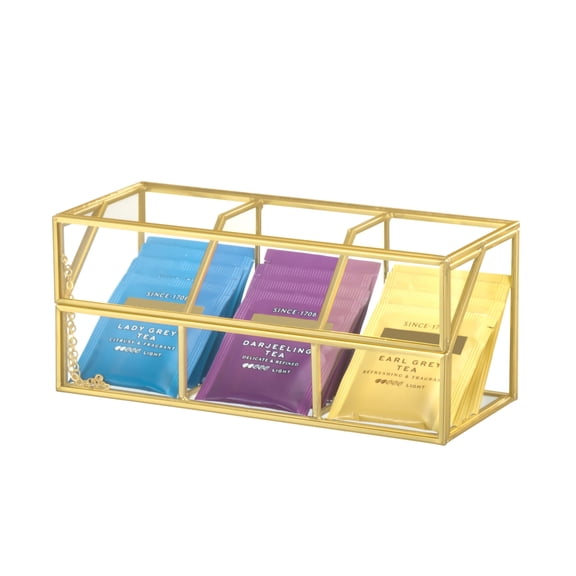 NCYP Glass Tea Bags Organizer with 3 Slots Compartments, Indoor Counter Top Brass Display Case with Lid, Storage Box, Gold, Decor, Handmade, 8.75x3.6x3.66 Inches (Glass Box Only)