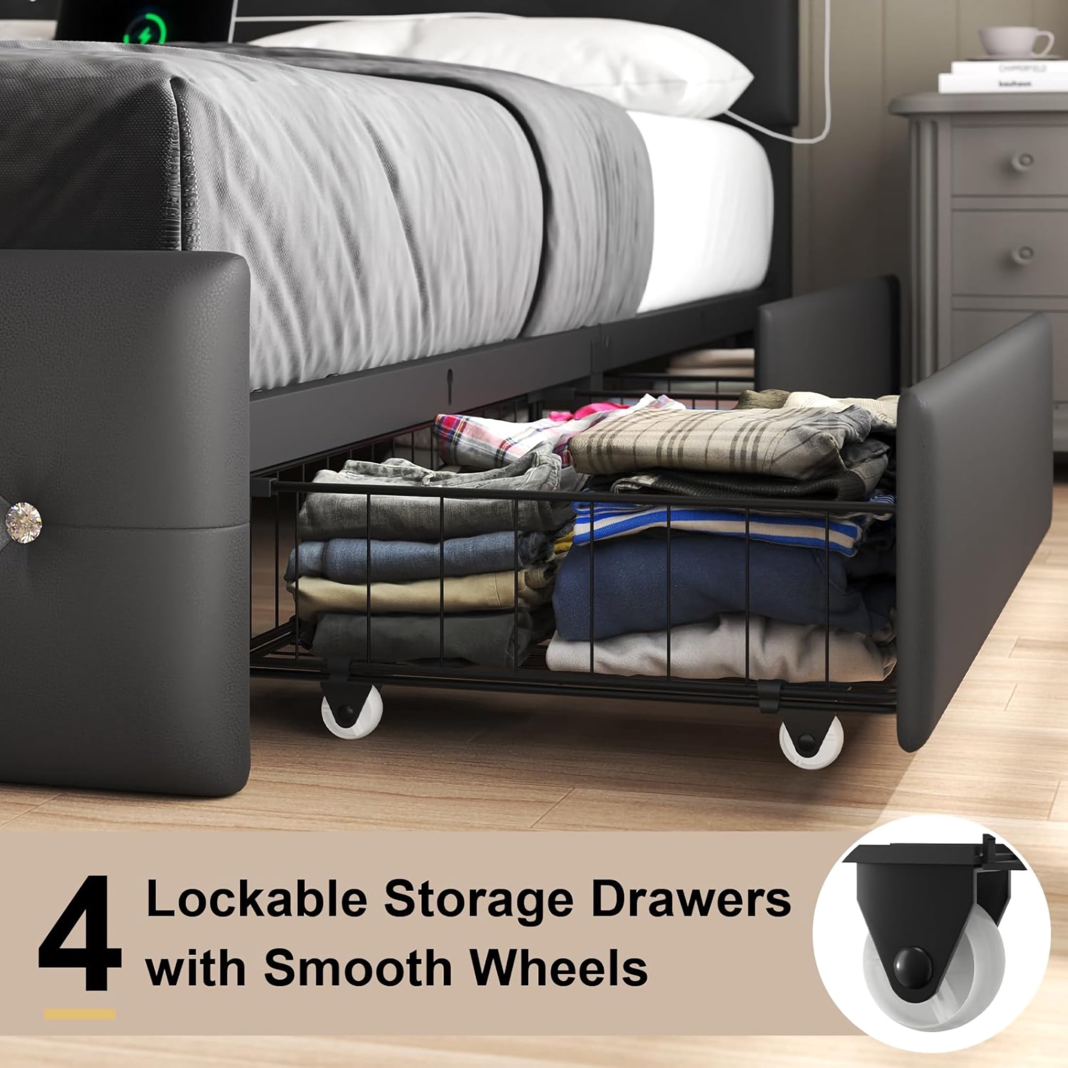 Noble House Quinci Full Bed Frame with LED Light and Adjustable Headboard, Storage Drawers & Charging Station, Black