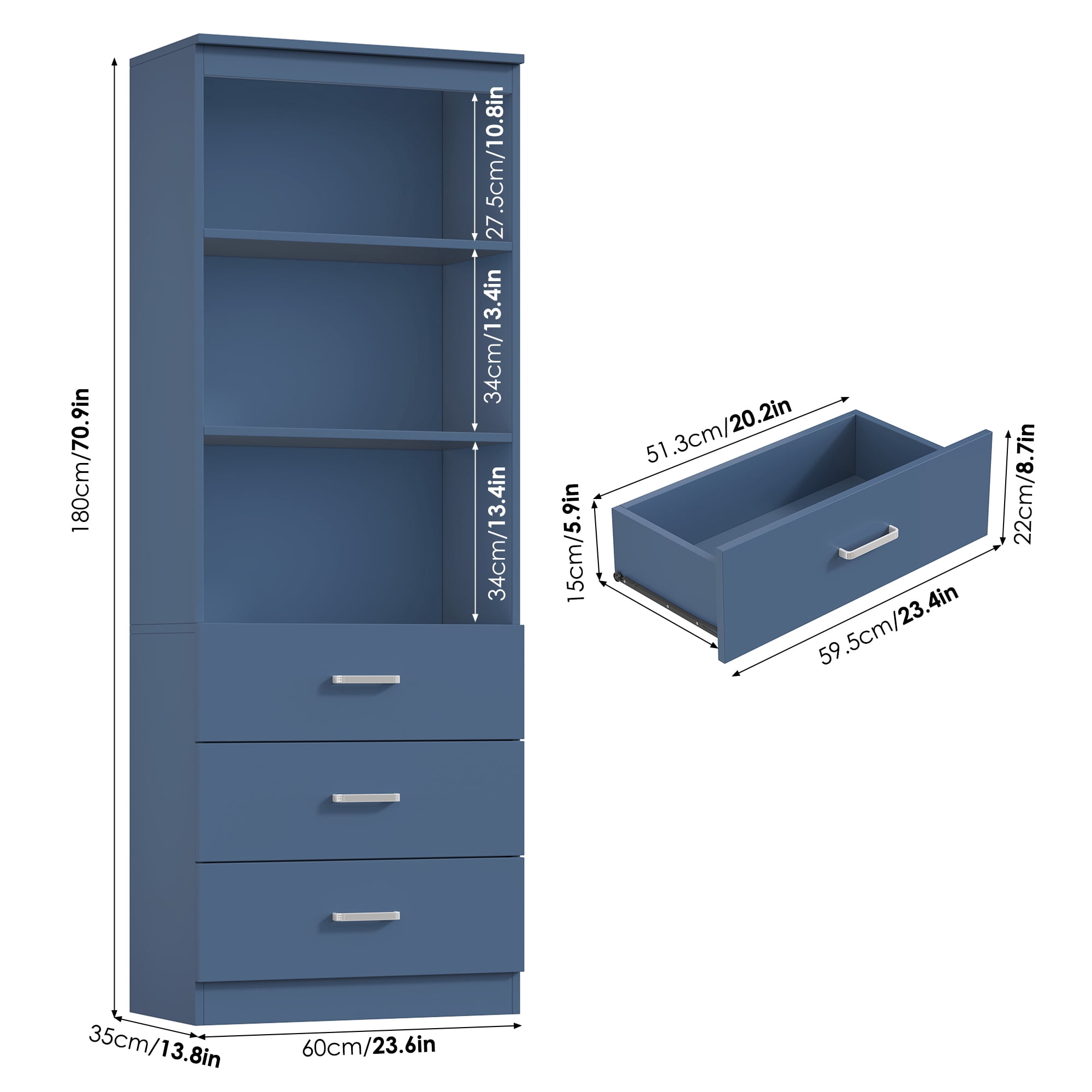 Homfa 71" Tall Bookcases with 3 Large Drawers, 3 Tier Wooden Storage Bookshelf for Living Room Home Office, Blue
