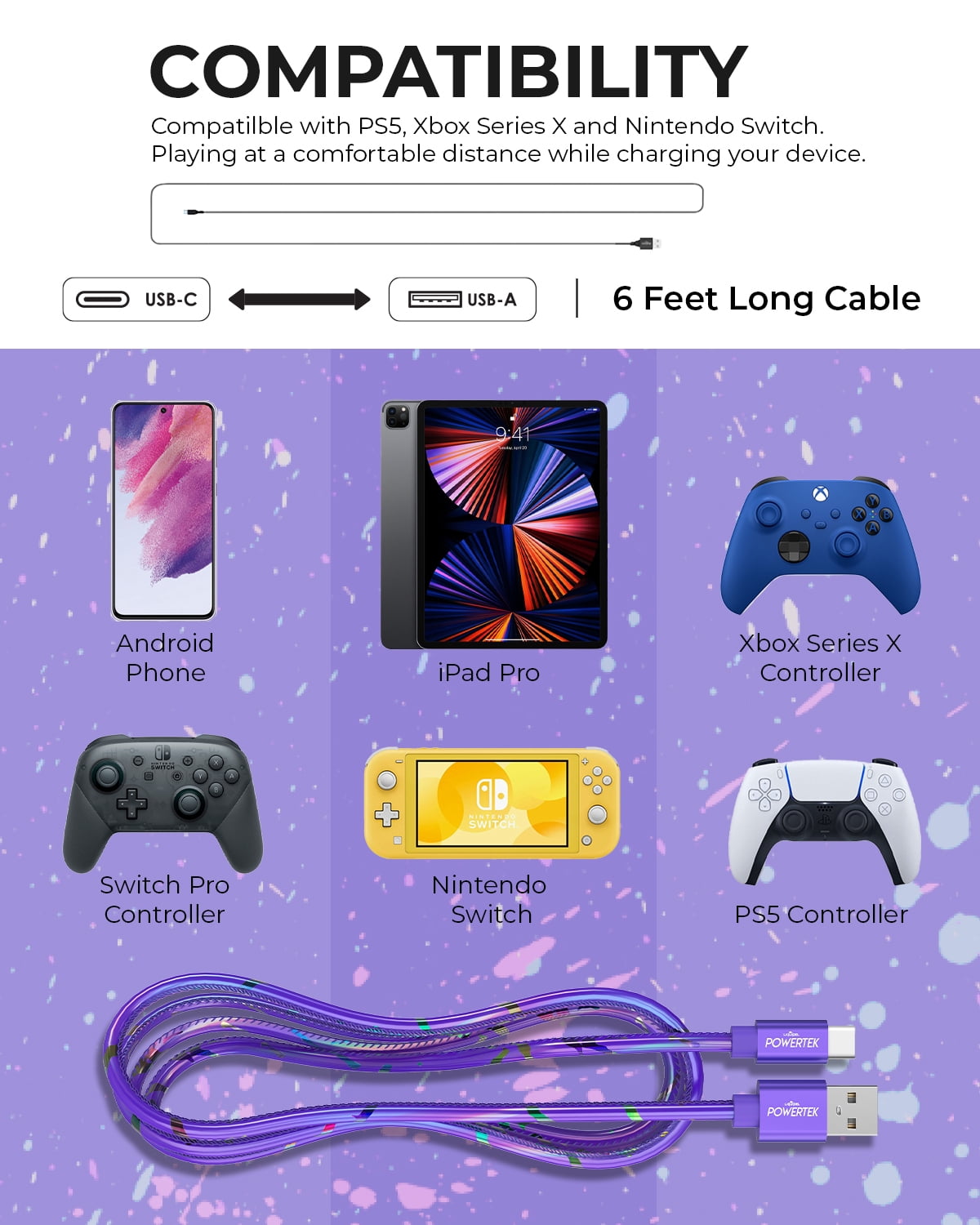 Liquipel Powertek Type-C Fast Charger Cable, 6ft USB-C for Galaxy, Note, Tab, MacBook, Neon Party