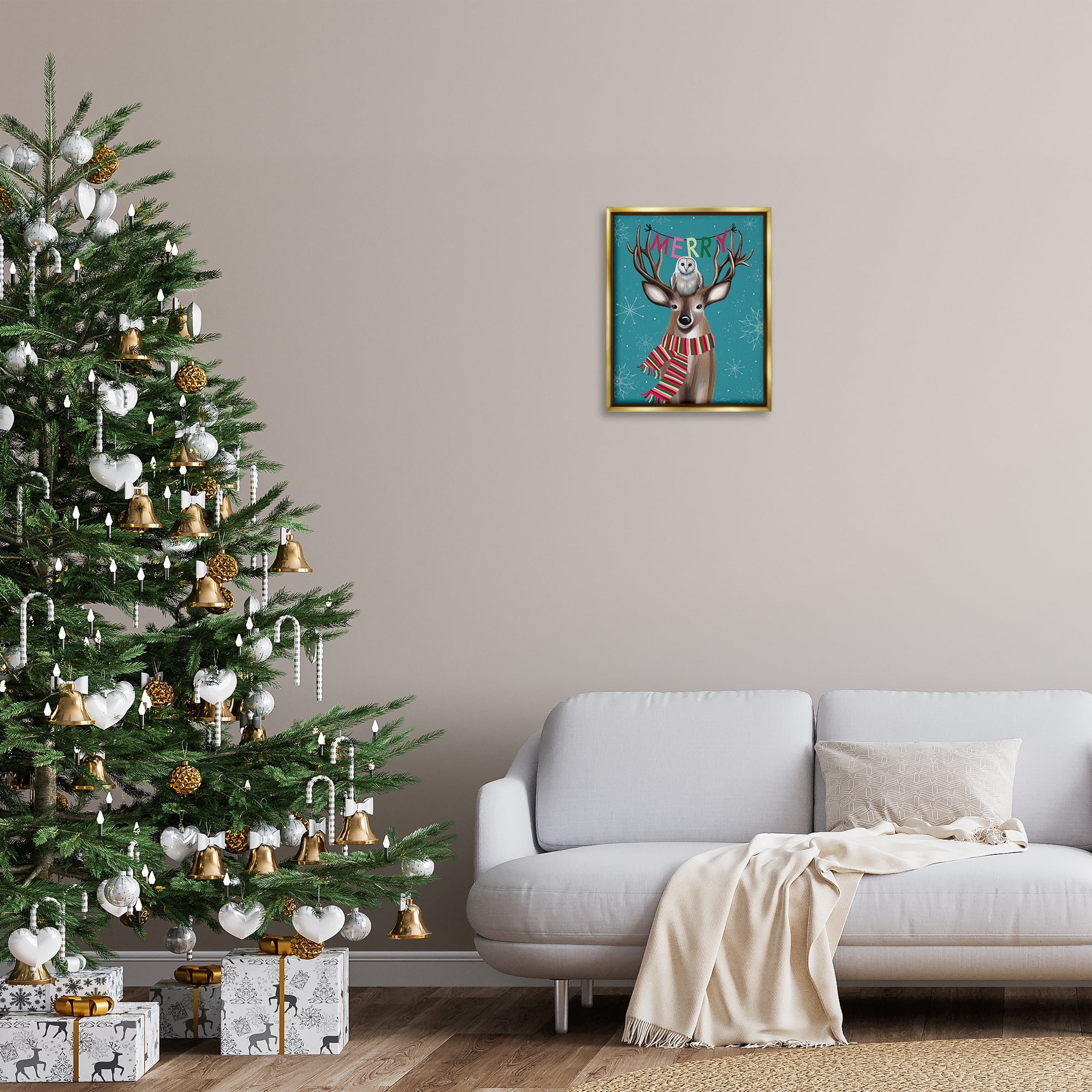 Stupell Industries Woodland Merry Creatures Holiday Painting Gold Floater Framed Art Print Wall Art, 17 x 21