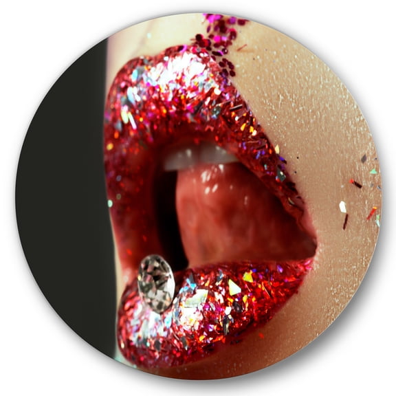 Designart 'Artistic Girl Lips Make-Up' Modern Circle Metal Wall Art 36x36 - Disc of 36