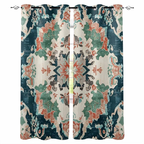 Fsddascl Teal Green Boho Floral Blackout Curtains for Bedroom/Living Room, Thermal Insulated Kitchen Curtains, Southwestern Ethnic Flowers Retro Grommet Darkening Window Treatment Drapes 42"x84"x2