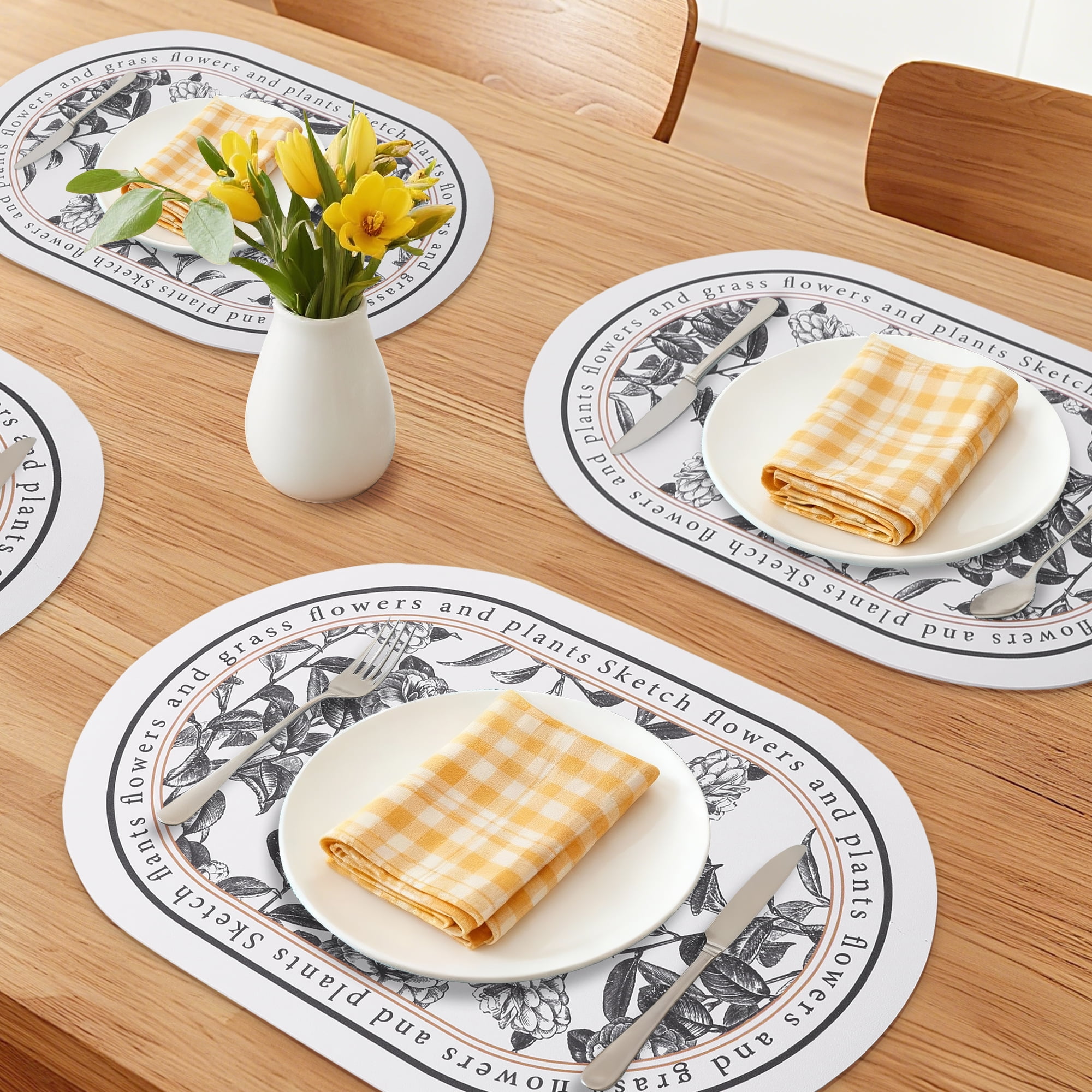 Placemats Set of 6 Floral Leather Placemats for Kitchen Dining Table Decor Heat Resistant Table Placemats Wipeable Table Mat Black/White 17.7*11.8inch