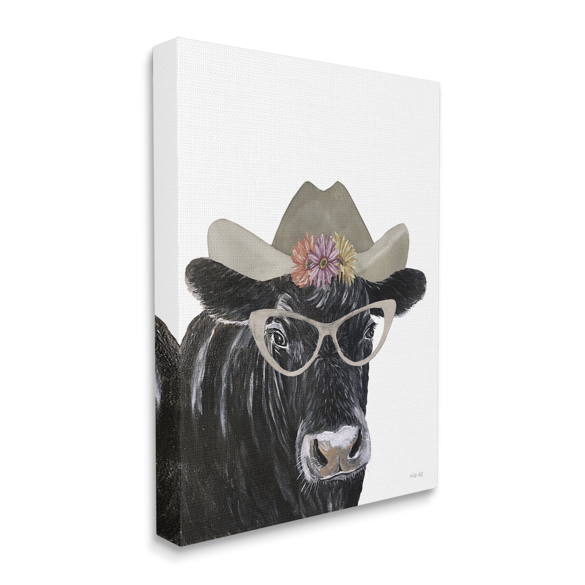 Stupell Industries Black Cow in Floral Hat Animals & Insects Painting Gallery Wrapped Canvas Print Wall Art, 24 x 30