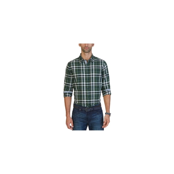 Nautica Mens Slim Fit Plaid Button Up Shirt, Green, X-Large