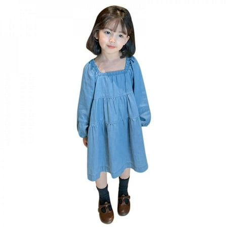 

SYNPOS Casual Baby Girls Long Sleeve Dress Toddler Kids Baby Girls Small Pleated Light Buttoned Denim Dress Children Clothe